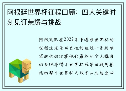 阿根廷世界杯征程回顾：四大关键时刻见证荣耀与挑战